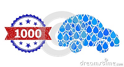 Scratched Bicolor 1000 Seal and Mosaic Private Car of Blue Liquid Dews Vector Illustration