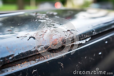 scratched and dented car hood from a fender bender Stock Photo