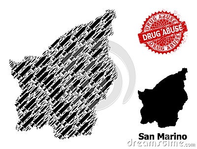 Scratched Drug Abuse Seal and San Marino Map Mosaic of Syringe Icons Vector Illustration