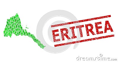 Scratched Eritrea Stamp Seal and Green People and Dollar Mosaic Map of Eritrea Vector Illustration