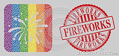 Distress Fireworks Stamp Seal and Mosaic Fireworks Stencil for LGBT Vector Illustration