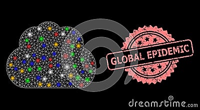 Scratched Global Epidemic Stamp and Mesh Cloud with Lightspots Vector Illustration