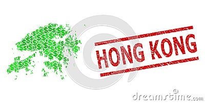 Scratched Hong Kong Stamp and Green Customers and Dollar Mosaic Map of Hong Kong Vector Illustration