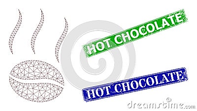 Scratched Hot Chocolate Stamp Seals and Polygonal Mesh Coffee Vapor Icon Vector Illustration