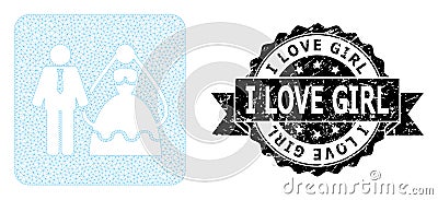 Scratched I Love Girl Ribbon Seal and Mesh 2D Bride and Groom Vector Illustration