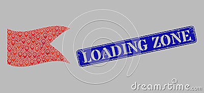 Scratched Loading Zone Watermark and Navigation Waving Red Guidon Flag - Mosaic with Map Pointers Vector Illustration
