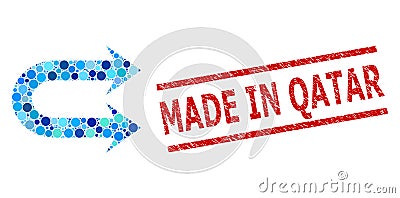 Scratched Made in Qatar Seal and Double Right Arrow Collage of Round Dots Vector Illustration