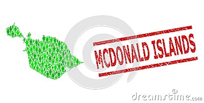 Scratched Mcdonald Islands Seal and Green Men and Dollar Mosaic Map of Heard and McDonald Islands Vector Illustration