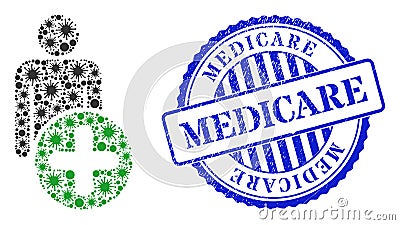 Scratched Medicare Stamp Seal and Covid-2019 Add Man Figure Mosaic Icon Vector Illustration