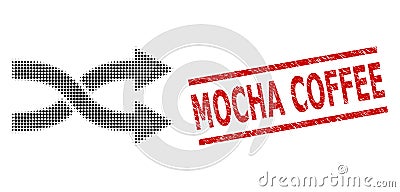 Scratched Mocha Coffee Seal Stamp and Halftone Dotted Shuffle Arrows Right Vector Illustration
