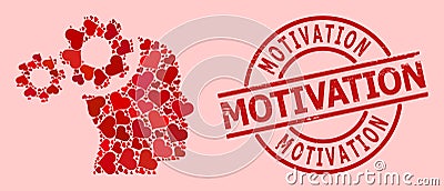 Scratched Motivation Stamp and Red Love Heart Mind Gears Collage Vector Illustration