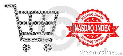 Scratched Nasdaq Index Stamp and Virus Mosaic Shopping Cart Vector Illustration