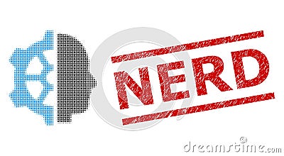 Scratched Nerd Stamp and Halftone Dotted Cyborg Gear Vector Illustration