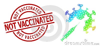 Scratched Not Vaccinated Badge and Lowpoly Rainbow Coronavirus Vaccine Injection Icon with Gradient Vector Illustration