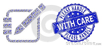 Scratched Please Handle with Care Round Seal Stamp and Recursive Edit Records Icon Collage Vector Illustration