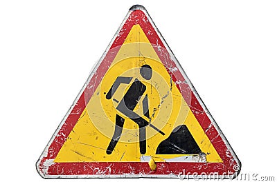 Scratched road sign `Road works` isolated on white Vector Illustration