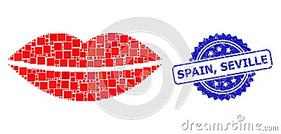 Scratched Spain, Seville Seal and Square Dot Collage Smile Lips Vector Illustration