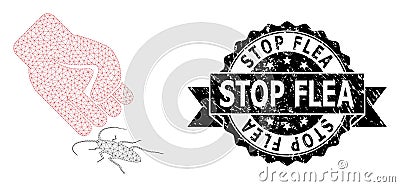 Scratched Stop Flea Ribbon Stamp and Mesh Wireframe Cockroach Punch Vector Illustration