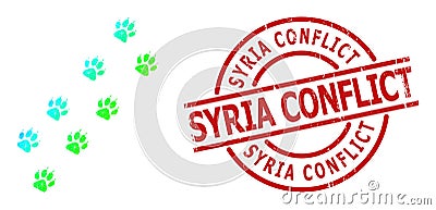 Scratched Syria Conflict Stamp Print and Triangle Filled Rainbow Tiger Paw Trace Icon with Gradient Vector Illustration