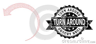 Scratched Turn Around Ribbon Seal and Mesh Network Rotate Backward Vector Illustration