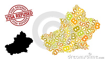 Scratched Visa Refused Seal with Dollar and Bitcoin Golden Mosaic Map of Xinjiang Uyghur Region Vector Illustration
