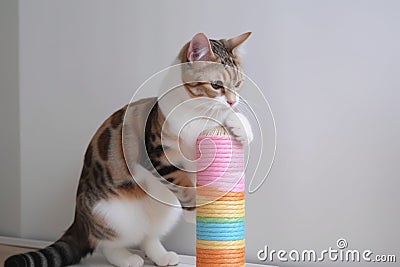 scratching post with colorful plush toy for cat Stock Photo