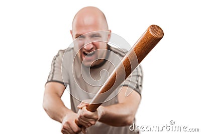 Screaming angry man hand holding baseball sport bat Stock Photo