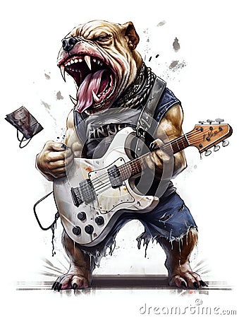 Screaming Bulldog Playing Electric Guitar Metal Music. Generative ai Cartoon Illustration