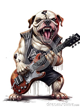 Screaming Bulldog Playing Electric Guitar Metal Music. Generative ai Cartoon Illustration