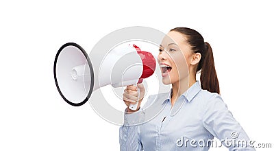 Screaming businesswoman with megaphone Stock Photo