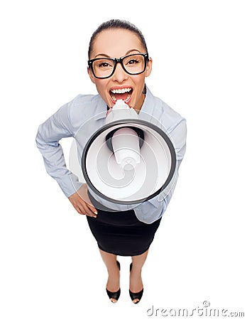 Screaming businesswoman with megaphone Stock Photo