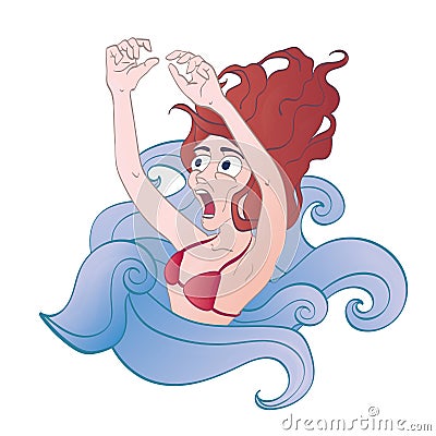 Screaming drowning in water woman. Aquaphobia. Vector illustration, isolated on white. Vector Illustration