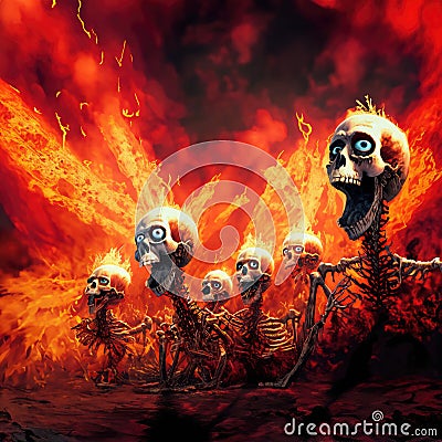 Screaming Flaming skeletons in hell Stock Photo