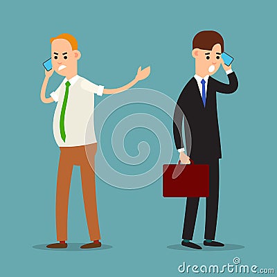 Screaming man on phone. Emotional business communication. Aggressive behavior of a businessman. Stressful situation. Businessman Vector Illustration