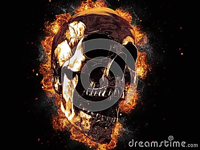 Screaming metal skull on fire Stock Photo