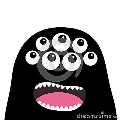 Screaming monster head silhouette. Many eyes, teeth, tongue. Black Funny Cute cartoon character. Baby collection. Happy Halloween Vector Illustration