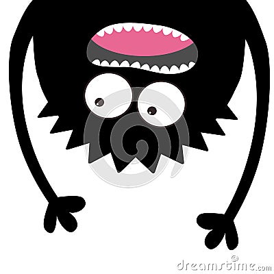 Screaming monster head silhouette. Two eyes, teeth, tongue, hands. Hanging upside down. Black Funny Cute cartoon character. Baby c Vector Illustration