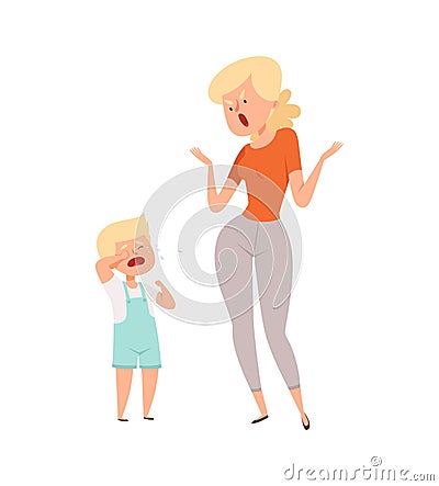 Screaming mother. Little boy cry. Violence and pressure, parents abusing. Woman punish son, isolated angry woman and sad Vector Illustration