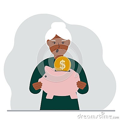 Screaming old woman holds a piggy bank, a coin falls into the piggy bank. The concept of saving finance, savings Vector Illustration