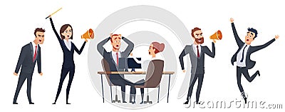 Screaming people. Angry business characters. Woman man with megaphone. Negative leadership vector illustration Vector Illustration