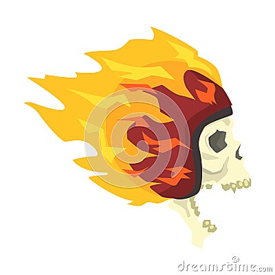 Screaming Scull In Helmet Burning In Flames, Colorful Sticker With War And Biker Culture Attributes Vector Icon Vector Illustration