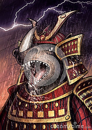 Screaming warlord under a downpour close-up. A medieval military character stands in under a pouring rain, a portrait of a rhino Stock Photo