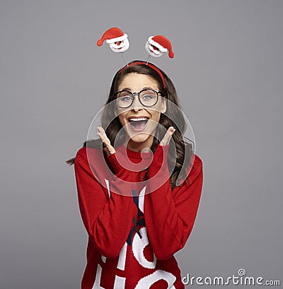 Screaming woman in Christmas clothes Stock Photo