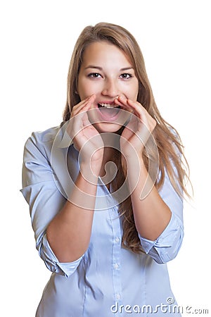 Screaming young businesswoman with long blond hair Stock Photo