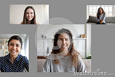 Diverse female have online training on webcam together Stock Photo