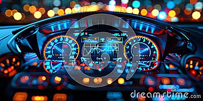 The screen of a car navigator with a dynamic map and route instructions displaying the curren Stock Photo
