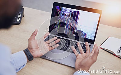 Screen crack, laptop and business man hands with system crash and broken monitor in a office. Frustrated, 404 and Stock Photo