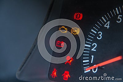 Screen display of car status warning light on dashboard panel symbols which show the fault indicators Stock Photo