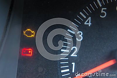 Screen display of car status warning light on dashboard panel symbols which show the fault indicators Stock Photo