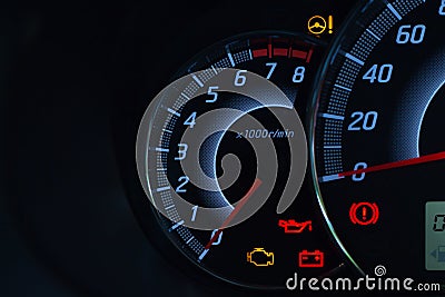 Screen display of car status warning light on dashboard panel symbols which show the fault indicators Stock Photo